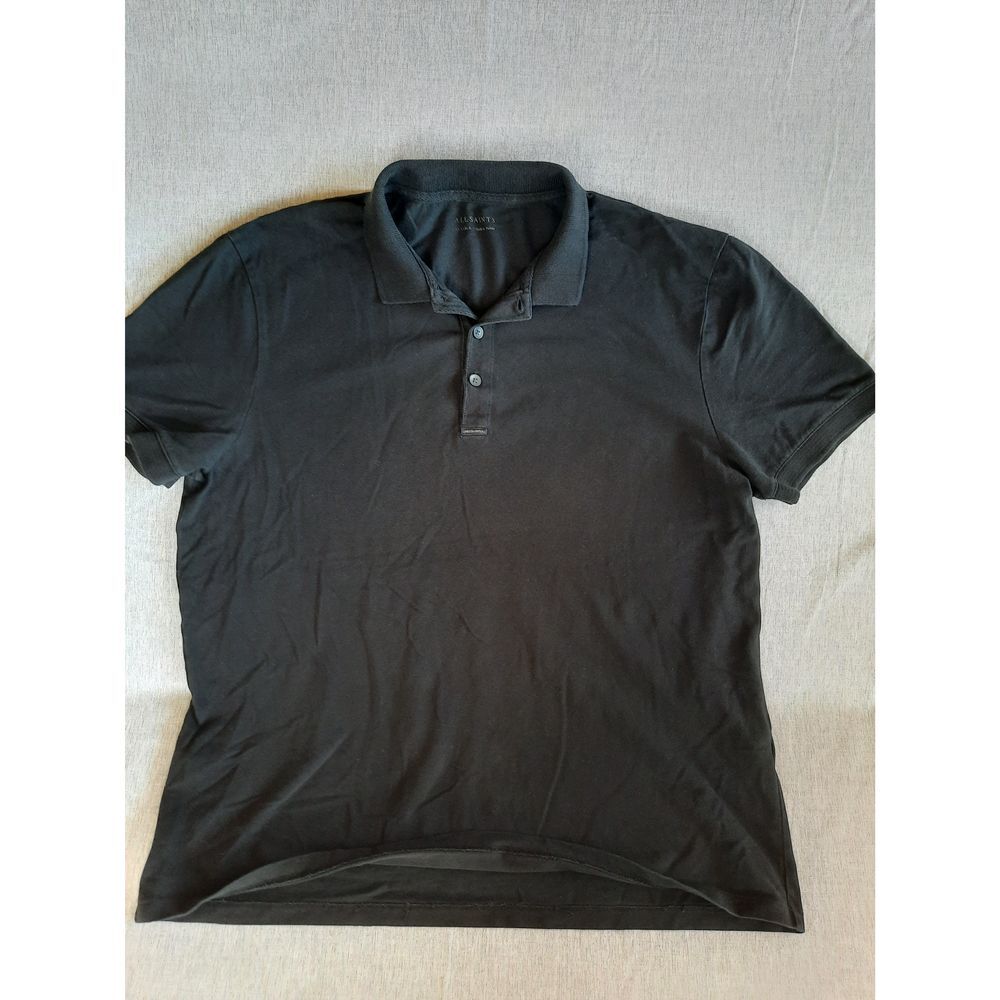 All Saints Men Large Henley Knit Slim-Fit Stretch-Mesh Black Cotton Polo